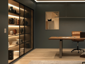 A modern office featuring a wooden desk, leather chair, laptop, shelves with ceramics behind glass doors, abstract wall art, and soft ambient lighting provided by the Twint Tube Light Single 36W 4.