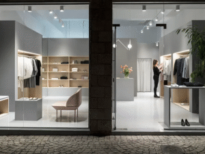 A modern clothing store with a minimalist design showcases shelves of folded clothes and hanging garments, all brightly illuminated by BLAZ LED Bulb 50W lighting, with a pink chair and a shopper browsing near the back.