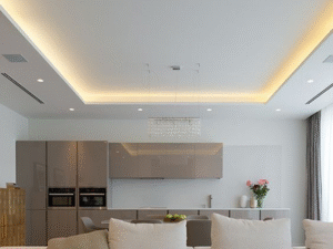 Modern open-plan kitchen and living room featuring a beige sofa, minimalist cabinets, built-in appliances, LED Downlight Glow 12W 4 ceiling lights, and a vase of flowers on the counter.